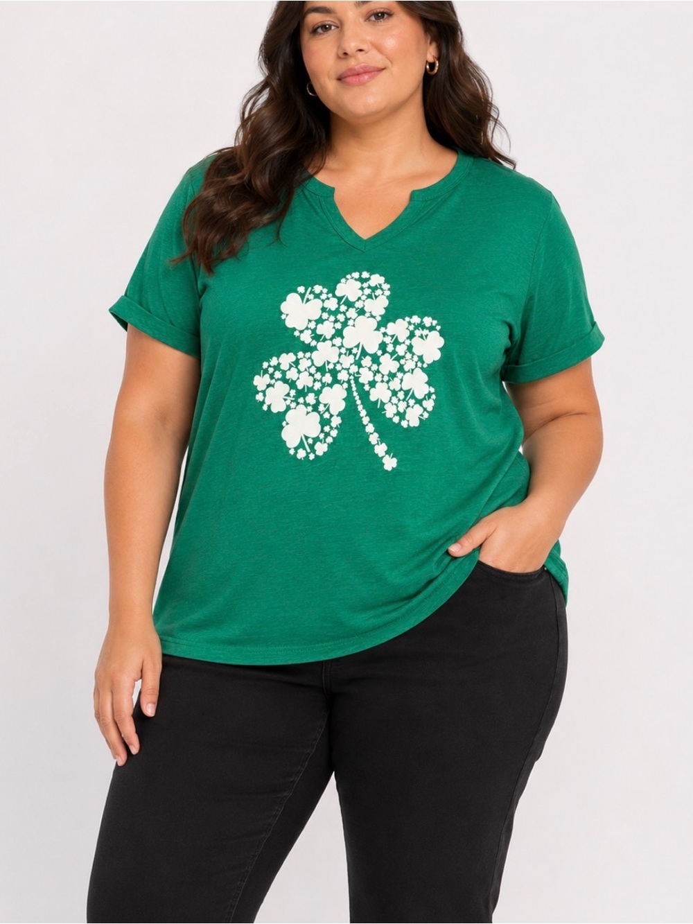 Green V-Neck Tee with White Shamrock Graphic St. Patrick's Day clover Irish SZ L